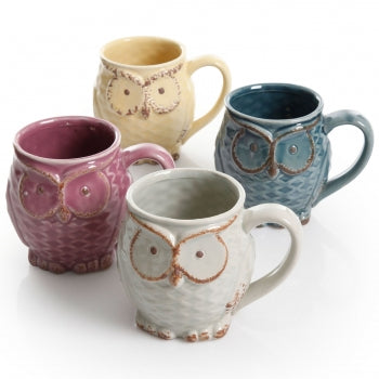 Gibson Nocturnal Gaze 4 Piece 18 Ounce Stoneware Owl Mug Set in Assorted Colors