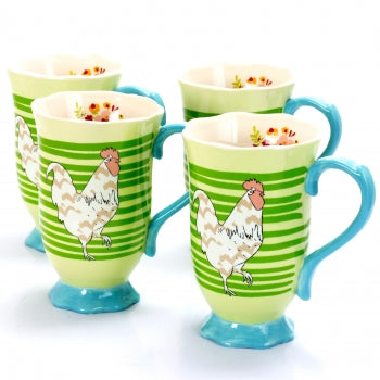 Urban Market Life on the Farm 4 Piece 14 Ounce Durastone Footed Rooster Tea Cup Set in Green Stripes