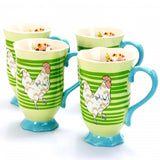 Urban Market Life on the Farm 4 Piece 14 Ounce Durastone Footed Rooster Tea Cup Set in Green Stripes