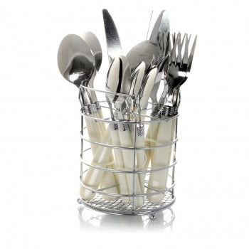Gibson Sensations II 16 Piece Stainless Steel Flatware Set with White Handles and Chrome Caddy