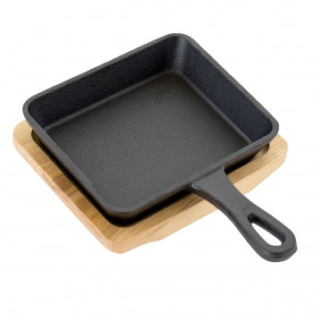 Gibson Home Campton 6 Inch Mini Square Cast Iron Frying Pan with Wooden Base
