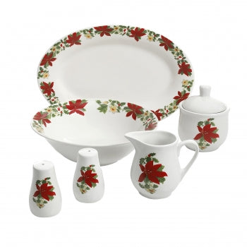 Perfect for Holidays Poinsettia 7 Piece Porcelain Serving Set in Red
