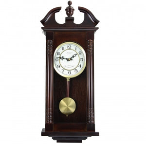 Bedford Clock Collection 27.5" Classic Chiming Wall Clock With Swinging Pendulum in Cherry Oak Finish