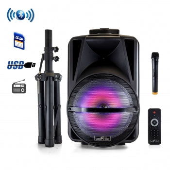 beFree Sound 12 Inch PA Bluetooth Rechargeable Portable Party Speaker with Reactive LED Lights and Stand