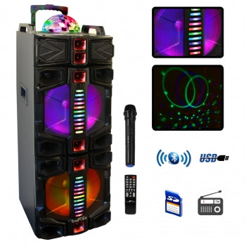 Befree Sound 700W Dual 10 Inch Subwoofer Bluetooth Portable Party Speaker with Sound Reactive Party Lights, USB/ SD Input, Rechargeable Battery, Remote Control And 2 Wireless Microphones