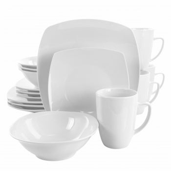 Elama Bishop 16 Piece Soft Square Porcelain Dinnerware Set in White