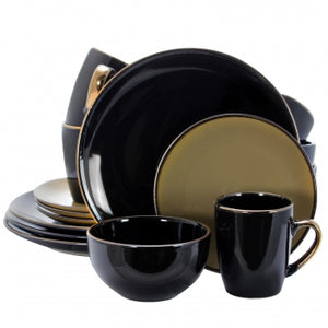 Elama Cambridge Grand 16-Piece Dinnerware Set in Luxurious Black and Warm Taupe with Complete Setting for 4