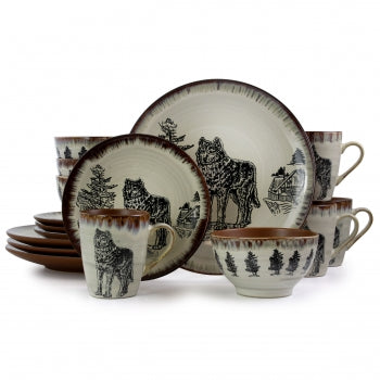 Elama Majestic Wolf 16 Piece Luxurious Stoneware Dinnerware with Complete Setting for 4