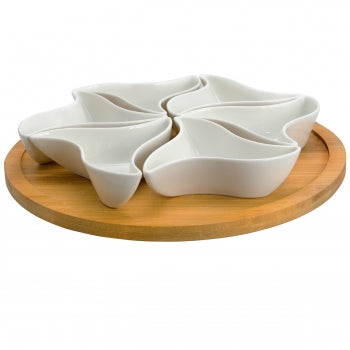 Elama Signature Modern 10.75 Inch 7-Piece Lazy Susan Appetizer and Condiment Server Set with 6 Unique Design Serving Dishes and a Bamboo Lazy Suzan Serving Tray