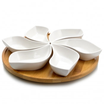 Elama Signature Modern 13.5 Inch 7pc Lazy Susan Appetizer and Condiment Server Set with 6 Unique Design Serving Dishes and a Bamboo Lazy Suzan Serving Tray