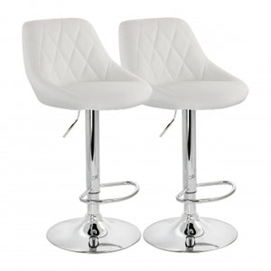Elama 2 Piece Diamond Stitched Faux Leather Bar Stool in White with Chrome Base and Adjustable Height