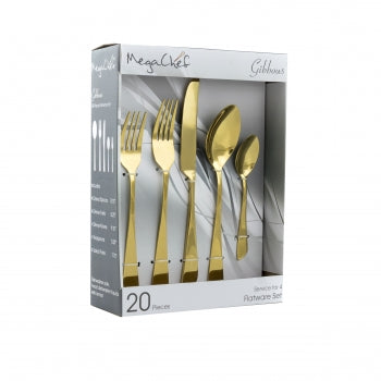 MegaChef Gibbous 20 Piece Flatware Utensil Set, Stainless Steel Silverware Metal Service for 4 in Gold