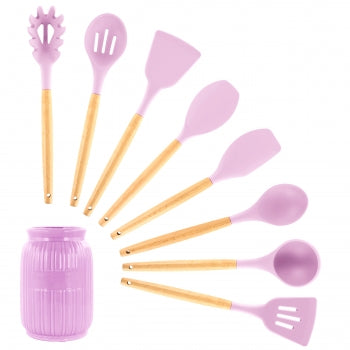 MegaChef Pink Silicone and Wood Cooking Utensils, Set of 9