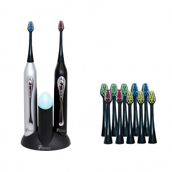 Dual Handle Ultra High Powered Sonic Electric Toothbrush with Dock Charger, 12 Brush Heads & More!-Black and Silver