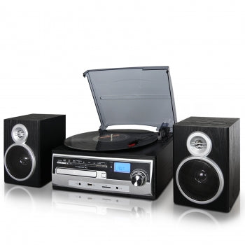 Trexonic 3-Speed Turntable With CD Player, FM Radio, Bluetooth, USB/SD Recording and Wired Shelf Speakers